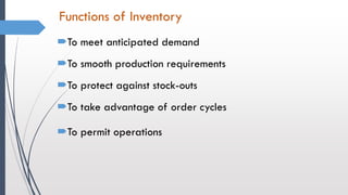 Functions of Inventory
To meet anticipated demand
To smooth production requirements
To protect against stock-outs
To take advantage of order cycles
To permit operations
 