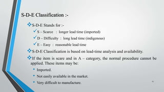 S-D-E Classification :-
S-D-E Stands for :-
S – Scarce : longer lead time (imported)
D – Difficulty : long lead time (indigenous)
E – Easy : reasonable lead time
S-D-E Classification is based on lead-time analysis and availability.
If the item is scare and in A – category, the normal procedure cannot be
applied. These items may be:
• Imported.
• Not easily available in the market.
• Very difficult to manufacture.
13
 