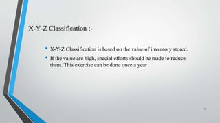 X-Y-Z Classification :-
• X-Y-Z Classification is based on the value of inventory stored.
• If the value are high, special efforts should be made to reduce
them. This exercise can be done once a year
15
 