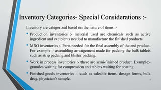 Inventory Categories- Special Considerations :-
Inventory are categorized based on the nature of items :-
• Production inventories :- material used are chemicals such as active
ingredient and excipients needed to manufacture the finished products.
• MRO inventories :- Parts needed for the final assembly of the end product.
For example :- assembling arrangement made for packing the bulk tablets
such as strip packing and blister packing.
• Work in process inventories :- these are semi-finished product. Example:-
granules waiting for compression and tablets waiting for coating.
• Finished goods inventories :- such as saleable items, dosage forms, bulk
drug, physician’s sample. 5
 