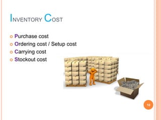 INVENTORY COST
? Purchase cost
? Ordering cost / Setup cost
? Carrying cost
? Stockout cost
10