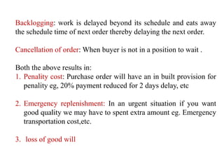 Backlogging: work is delayed beyond its schedule and eats away
the schedule time of next order thereby delaying the next order.
Cancellation of order: When buyer is not in a position to wait .
Both the above results in:
1. Penality cost: Purchase order will have an in built provision for
penality eg, 20% payment reduced for 2 days delay, etc
2. Emergency replenishment: In an urgent situation if you want
good quality we may have to spent extra amount eg. Emergency
transportation cost,etc.
3. loss of good will
 