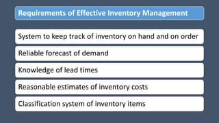 Requirements of Effective Inventory Management
System to keep track of inventory on hand and on order
Reliable forecast of demand
Knowledge of lead times
Reasonable estimates of inventory costs
Classification system of inventory items
 