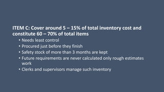 ITEM C: Cover around 5 – 15% of total inventory cost and
constitute 60 – 70% of total items
• Needs least control
• Procured just before they finish
• Safety stock of more than 3 months are kept
• Future requirements are never calculated only rough estimates
work
• Clerks and supervisors manage such inventory
 