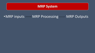 MRP System
•MRP inputs MRP Processing MRP Outputs
 