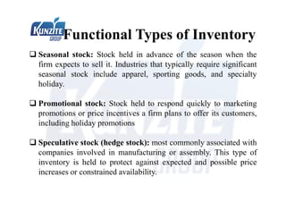 Functional Types of Inventory
 Seasonal stock: Stock held in advance of the season when the
firm expects to sell it. Industries that typically require significant
seasonal stock include apparel, sporting goods, and specialty
holiday.
 Promotional stock: Stock held to respond quickly to marketing
promotions or price incentives a firm plans to offer its customers,
including holiday promotions
 Speculative stock (hedge stock): most commonly associated with
companies involved in manufacturing or assembly. This type of
inventory is held to protect against expected and possible price
increases or constrained availability.
 