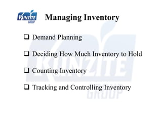 Demand Planning
 Deciding How Much Inventory to Hold
 Counting Inventory
 Tracking and Controlling Inventory
Managing Inventory
 