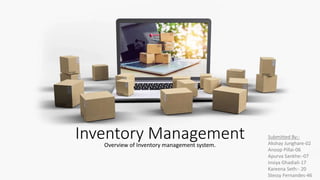 Inventory Management
Overview of Inventory management system.
Submitted By:-
Akshay Junghare-02
Anoop Pillai-06
Apurva Sankhe:-07
Insiya Ghadiali-17
Kareena Seth:- 20
Stessy Fernandes-46
 