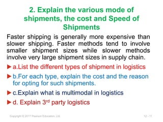 12 - 11
Copyright © 2017 Pearson Education, Ltd.
2. Explain the various mode of
shipments, the cost and Speed of
Shipments
Faster shipping is generally more expensive than
slower shipping. Faster methods tend to involve
smaller shipment sizes while slower methods
involve very large shipment sizes in supply chain.
▶a.List the different types of shipment in logistics
▶b.For each type, explain the cost and the reason
for opting for such shipments.
▶c.Explain what is multimodal in logistics
▶d. Explain 3rd party logistics
 