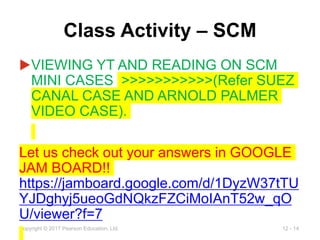 12 - 14
Copyright © 2017 Pearson Education, Ltd.
Class Activity – SCM
▶VIEWING YT AND READING ON SCM
MINI CASES >>>>>>>>>>>(Refer SUEZ
CANAL CASE AND ARNOLD PALMER
VIDEO CASE).
Let us check out your answers in GOOGLE
JAM BOARD!!
https://jamboard.google.com/d/1DyzW37tTU
YJDghyj5ueoGdNQkzFZCiMoIAnT52w_qO
U/viewer?f=7
 