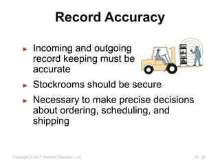 12 - 29
Copyright © 2017 Pearson Education, Ltd.
Record Accuracy
► Incoming and outgoing
record keeping must be
accurate
► Stockrooms should be secure
► Necessary to make precise decisions
about ordering, scheduling, and
shipping
 