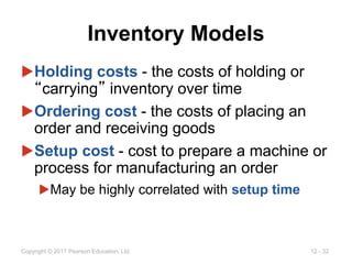 12 - 32
Copyright © 2017 Pearson Education, Ltd.
Inventory Models
▶Holding costs - the costs of holding or
“carrying” inventory over time
▶Ordering cost - the costs of placing an
order and receiving goods
▶Setup cost - cost to prepare a machine or
process for manufacturing an order
▶May be highly correlated with setup time
 
