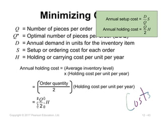 12 - 43
Copyright © 2017 Pearson Education, Ltd.
Q = Number of pieces per order
Q* = Optimal number of pieces per order (EOQ)
D = Annual demand in units for the inventory item
S = Setup or ordering cost for each order
H = Holding or carrying cost per unit per year
Minimizing Costs
Annual holding cost = (Average inventory level)
x (Holding cost per unit per year)
Order quantity
2
(Holding cost per unit per year)
=
=
Q
2
æ
è
ç
ö
ø
÷H
Annual setup cost =
D
Q
S
Annual holding cost =
Q
2
H
 