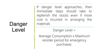 Danger
Level
If danger level approaches, then
immediate steps should take to
replenish the stocks even if more
cost is incurred in arranging the
materials
Danger Level =
Average Consumption x Maximum
reorder period for emergency
purchases.
 