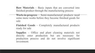 Raw Materials – Basic inputs that are converted into
finished product through the manufacturing process
Work-in-progress – Semi-manufactured products need
some more works before they become finished goods for
sale
Finished Goods – Completely manufactured products
ready for sale
Supplies – Office and plant cleaning materials not
directly enter production but are necessary for
production process and do not involve significant
investment.
 