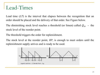 Lead-Times
Lead time (LT) is the interval that elapses between the recognition that an
order should be placed and the delivery of that order. See Figure below.
The diminishing stock level reaches a threshold (or limen) called QRP - the
stock level of the reorder point.
The threshold triggers the order for replenishment.
The stock level at the reorder point, RP, is enough to meet orders until the
replenishment supply arrives and is ready to be used.
23
 