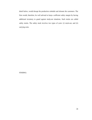 28
detail below, would disrupt the production schedule and alienate the customers. The
firm would, therefore, be well advised to keep a sufficient safety margin by having
additional inventory to guard against stock-out situations. Such stocks are called
safety stocks. The safety stock involves two types of costs: (i) stock-out, and (ii)
carrying costs.
FINDING:
 