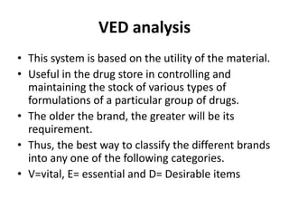 VED analysis
• This system is based on the utility of the material.
• Useful in the drug store in controlling and
maintaining the stock of various types of
formulations of a particular group of drugs.
• The older the brand, the greater will be its
requirement.
• Thus, the best way to classify the different brands
into any one of the following categories.
• V=vital, E= essential and D= Desirable items
 