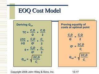 EOQ Cost Model

     Deriving Qopt                       Proving equality of
                                         costs at optimal point
                  Co D        CcQ
          TC =            +
                   Q           2              Co D         CcQ
                                                       =
        ∂TC   CoD  C                           Q            2
            =     + c
        ∂Q    Q2    2                                      2CoD
                                               Q = 2
                  C0 D        Cc                            Cc
            0=            +
                  Q2          2
                                                                2CoD
                     2CoD                      Qopt =
         Qopt =                                                  Cc
                         Cc


Copyright 2006 John Wiley & Sons, Inc.             12-17
 
