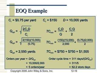EOQ Example
 Cc = $0.75 per yard           Co = $150           D = 10,000 yards

             2CoD                             CoD       CcQ
  Qopt =                          TCmin =           +
               Cc                              Q         2
             2(150)(10,000)                   (150)(10,000) (0.75)(2,000)
  Qopt =                          TCmin     =              +
                 (0.75)                           2,000           2

  Qopt = 2,000 yards              TCmin = $750 + $750 = $1,500

Orders per year = D/Qopt             Order cycle time = 311 days/(D/Qopt)
                = 10,000/2,000                          = 311/5
                = 5 orders/year                         = 62.2 store days
   Copyright 2006 John Wiley & Sons, Inc.                12-19
 