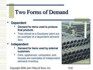 Two Forms of Demand
 Dependent
       Demand for items used to produce
        final products
       Tires stored at a Goodyear plant are
        an example of a dependent demand
        item
 Independent
       Demand for items used by external
        customers
       Cars, appliances, computers, and
        houses are examples of independent
        demand inventory

 Copyright 2006 John Wiley & Sons, Inc.        12-6
 