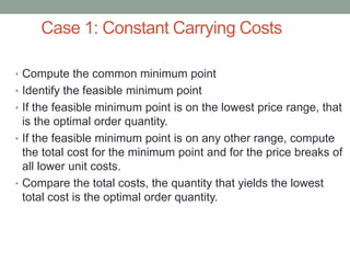 Case 1: Constant Carrying Costs
• Compute the common minimum point
• Identify the feasible minimum point
• If the feasible minimum point is on the lowest price range, that
is the optimal order quantity.
• If the feasible minimum point is on any other range, compute
the total cost for the minimum point and for the price breaks of
all lower unit costs.
• Compare the total costs, the quantity that yields the lowest
total cost is the optimal order quantity.
 
