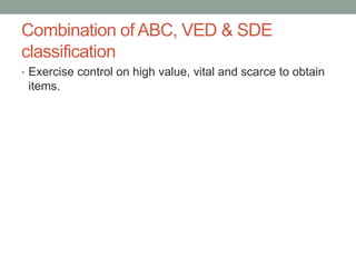 Combination of ABC, VED & SDE
classification
• Exercise control on high value, vital and scarce to obtain
items.
 