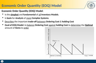 11
Economic Order Quantity (EOQ) Model
Economic Order Quantity (EOQ) Model:
 Is the simplest and fundamental of all Inventory Models.
 Is basis for Analysis of more Complex Systems.
 Describes the important trade-off between Ordering Cost & holding Cost
 Goal of EOQ Model: to balance Ordering Cost against holding Cost to determine the Optimal
amount of Items to order
 