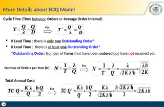 24
More Details about EOQ Model
Cycle Time (Time between Orders or Average Order Interval):
𝑻=
𝑸
𝝀
=
𝑸
𝑫
 If Lead Time : there is only one Outstanding Order*
 If Lead Time : there is at least one Outstanding Order*
*Outstanding Order: Number of Items that have been ordered but have not received yet.
𝑻∗
=
𝑸∗
𝝀
=
𝑸∗
𝑫
For
Number of Orders per Year (N): 𝑵
∗
=
𝟏
𝑻
∗
=
𝝀
𝑸
∗
=
𝝀
√𝟐𝑲 𝝀/𝒉
=
√𝝀𝒉
𝟐𝑲
𝑵=
𝟏
𝑻
=
𝝀
𝑸
For
Total Annual Cost:
𝑻𝑪(𝑸
∗
)=
𝑲 𝝀
𝑸
∗
+
𝒉𝑸∗
𝟐
=
𝑲 𝝀
√𝟐𝑲 𝝀/𝒉
+
𝒉√𝟐𝑲 𝝀/𝒉
𝟐
=√𝟐𝑲 𝝀𝒉
𝑻𝑪(𝑸)=
𝑲 𝝀
𝑸
+
𝒉𝑸
𝟐
For
 
