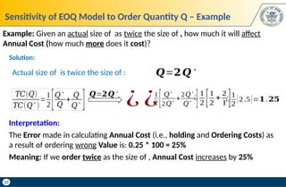 27
Example: Given an actual size of as twice the size of , how much it will affect
Annual Cost (how much more does it cost)?
Actual size of is twice the size of : 𝑸=𝟐𝑸∗
Interpretation:
The Error made in calculating Annual Cost (i.e., holding and Ordering Costs) as
a result of ordering wrong Value is: 0.25 * 100 = 25%
Meaning: If we order twice as the size of , Annual Cost increases by 25%
Sensitivity of EOQ Model to Order Quantity Q – Example
Solution:
¿
1
2 [1
2
+
2
1 ]
¿
1
2
[2.5]=𝟏.𝟐𝟓
1
2 [ 𝑄
∗
2𝑄
∗
+
2𝑄
∗
𝑄
∗ ]
¿ ¿
𝑸=𝟐𝑸∗
𝑇𝐶(𝑄)
𝑇𝐶(𝑄
∗
)
=
1
2 [𝑄
∗
𝑄
+
𝑄
𝑄
∗ ]
 
