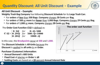 31
Quantity Discount: All Unit Discount – Example
Purchaser (Customer) Information:
• Annual Demand is 600 Units
• Fixed Cost of placing an Order is $8
• holding Costs are based on a 20 percent Annual Interest Rate
All Unit Discount – Example:
Weighty Trash Bag Company has following Discount Schedule for its Large Trash Can:
• For orders of less than 500 Bags, Company charges 30 Cents per Bag.
• For orders of 500 or more but fewer than 1,000 Bags, Company charges 29 Cents per Bag.
• For orders of 1,000 or more, Company charges 28 Cents per Bag.
𝑪(𝑸)=
{
𝟎.𝟑𝑸 𝑓𝑜𝑟 𝟎≤𝑸<𝟓𝟎𝟎
𝟎.𝟐𝟗𝑸 𝑓𝑜𝑟 𝟓𝟎𝟎≤ 𝑸<𝟏𝟎𝟎𝟎
𝟎.𝟐𝟖𝑸 𝑓𝑜𝑟 𝟏𝟎𝟎𝟎 ≤𝑸
The Order Cost Function C(Q) is defined as:
In this case, the Breakpoints occur at 500 and 1,000.
The Discount Schedule is All-Units because the
Discount is applied to all units in an Order.
 