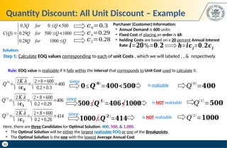 32
Quantity Discount: All Unit Discount – Example
0.3 0 500
( ) 0.29 500 1000
0.28 1000
Q for Q
C Q Q for Q
Q for Q
 


  

 

𝑐0=0.3
𝑐1=0.29
𝑐2=0.28
Purchaser (Customer) Information:
• Annual Demand is 600 units:
• Fixed Cost of placing an order is $8:
• holding Costs are based on a 20 percent Annual Interest
Rate:𝒊=𝟐𝟎%=𝟎.𝟐 𝒉=𝒊𝒄𝒋=𝟎.𝟐𝒄𝒋
Step 1: Calculate EOQ values corresponding to each of unit Costs , which we will labeled , , & respectively.
Solution:
Rule: EOQ value is realizable if it falls within the interval that corresponds to Unit Cost used to calculate it.
𝑄
(0)
=
√2𝐾 𝜆
𝑖𝒄𝟎
=
√2×8×600
0.2×0.3
=400 𝟎≤𝑸
(𝟎)
=𝟒𝟎𝟎<𝟓𝟎𝟎
since
is realizable 𝑄
(0)
=𝟒𝟎𝟎
𝑄(1)
=
√2 𝐾 𝜆
𝑖𝒄𝟏
=
√2×8×600
0.2×0.29
=406
𝟓𝟎𝟎≤𝑸(𝟏)
=𝟒𝟎𝟔<𝟏𝟎𝟎𝟎
since
is NOT realizable 𝑄(1)
=𝟓𝟎𝟎
𝑄
(2)
=
√2 𝐾 𝜆
𝑖𝒄𝟐
=
√2×8×600
0.2×0.28
=414
𝟏𝟎𝟎𝟎≤𝑸
(𝟐)
=𝟒𝟏𝟒
since
is NOT realizable 𝑄
(2)
=𝟏𝟎𝟎𝟎
Here, there are three Candidates for Optimal Solution: 400, 500, & 1,000.
• The Optimal Solution will be either the largest realizable EOQ or one of the Breakpoints.
• The Optimal Solution is the one with the lowest Average Annual Cost
 