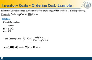 9
Inventory Costs – Ordering Cost: Example
𝐶 ( 𝑥)=
{ 0𝑖𝑓 𝑥=0
𝐾+𝑐𝑥 𝑖𝑓 𝑥>0
Total Ordering Cost:
Example: Suppose Fixed & Variable Costs of placing Order are $50 & $2 respectively.
Calculate Ordering Cost of 100 Items.
𝑲 =$𝟓𝟎
Given Information:
𝒄=$ 𝟐
Items
𝒙=𝟏𝟎𝟎>𝟎 𝑪(𝒙)=𝑲 +𝒄𝒙
Solution:
 