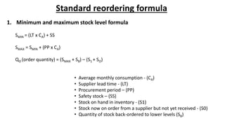 Standard reordering formula
1. Minimum and maximum stock level formula
SMIN = (LT x CA) + SS
SMAX = SMIN + (PP x CA)
QO (order quantity) = (SMAX + SB) – (S1 + SO)
• Average monthly consumption - (CA)
• Supplier lead time - (LT)
• Procurement period – (PP)
• Safety stock – (SS)
• Stock on hand in inventory - (S1)
• Stock now on order from a supplier but not yet received - (S0)
• Quantity of stock back-ordered to lower levels (SB)
 