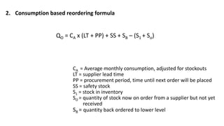 2. Consumption based reordering formula
QO = CA x (LT + PP) + SS + SB – (S1 + So)
CA = Average monthly consumption, adjusted for stockouts
LT = supplier lead time
PP = procurement period, time until next order will be placed
SS = safety stock
S1 = stock in inventory
SO = quantity of stock now on order from a supplier but not yet
received
SB = quantity back ordered to lower level
 