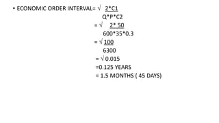 • ECONOMIC ORDER INTERVAL=  2*C1
Q*P*C2
=  2* 50
600*35*0.3
=  100
6300
=  0.015
=0.125 YEARS
= 1.5 MONTHS ( 45 DAYS)
 