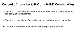 • Category I: includes all vital and expensive items, Requires close
monitoring and strict control.
• Category II: covers item of essential category and they are less expensive.
• Category III: comprises the desirable and cheaper group of items.
Control of Items by A-B-C and V-E-D Combination
 