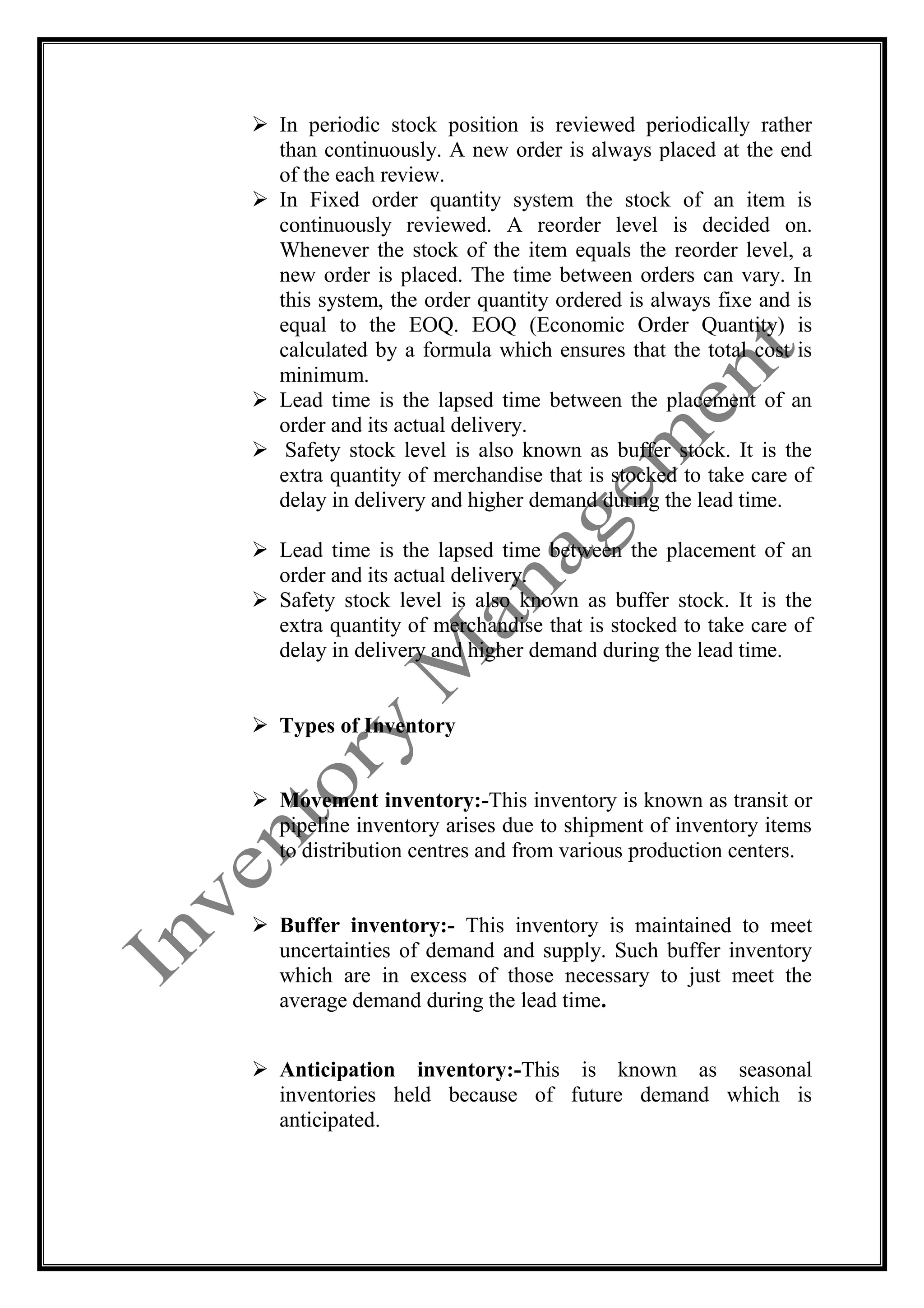 Variables in an Inventory Problem: 