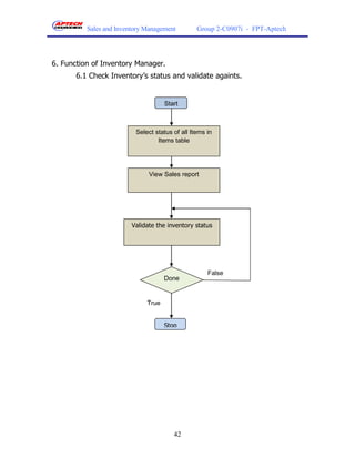 Sales and Inventory Management         Group 2-C0907i - FPT-Aptech




6. Function of Inventory Manager.
       6.1 Check Inventory’s status and validate againts.


                                     Start



                          Select status of all Items in
                                  Items table




                               View Sales report




                         Validate the inventory status




                                                     False
                                     Done


                              True


                                     Stop




                                        42
 