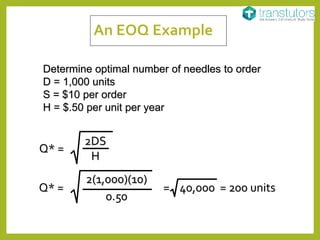 Determine optimal number of needles to order
D = 1,000 units
S = $10 per order
H = $.50 per unit per year
Q* =
2DS
H
Q* =
2(1,000)(10)
0.50
= 40,000 = 200 units
 