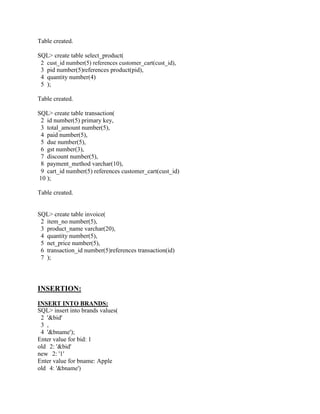Table created.
SQL> create table select_product(
2 cust_id number(5) references customer_cart(cust_id),
3 pid number(5)references product(pid),
4 quantity number(4)
5 );
Table created.
SQL> create table transaction(
2 id number(5) primary key,
3 total_amount number(5),
4 paid number(5),
5 due number(5),
6 gst number(3),
7 discount number(5),
8 payment_method varchar(10),
9 cart_id number(5) references customer_cart(cust_id)
10 );
Table created.
SQL> create table invoice(
2 item_no number(5),
3 product_name varchar(20),
4 quantity number(5),
5 net_price number(5),
6 transaction_id number(5)references transaction(id)
7 );
INSERTION:
INSERT INTO BRANDS:
SQL> insert into brands values(
2 '&bid'
3 ,
4 '&bname');
Enter value for bid: 1
old 2: '&bid'
new 2: '1'
Enter value for bname: Apple
old 4: '&bname')
 