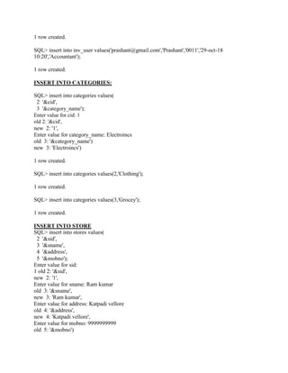 1 row created.
SQL> insert into inv_user values('prashant@gmail.com','Prashant','0011','29-oct-18
10:20','Accountant');
1 row created.
INSERT INTO CATEGORIES:
SQL> insert into categories values(
2 '&cid',
3 '&category_name');
Enter value for cid: 1
old 2: '&cid',
new 2: '1',
Enter value for category_name: Electroincs
old 3: '&category_name')
new 3: 'Electroincs')
1 row created.
SQL> insert into categories values(2,'Clothing');
1 row created.
SQL> insert into categories values(3,'Grocey');
1 row created.
INSERT INTO STORE
SQL> insert into stores values(
2 '&sid',
3 '&sname',
4 '&address',
5 '&mobno');
Enter value for sid:
1 old 2: '&sid',
new 2: '1',
Enter value for sname: Ram kumar
old 3: '&sname',
new 3: 'Ram kumar',
Enter value for address: Katpadi vellore
old 4: '&address',
new 4: 'Katpadi vellore',
Enter value for mobno: 9999999999
old 5: '&mobno')
 