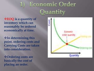 EOQ is a quantity of
inventory which can
reasonably be ordered
economically at time.
In determining this
point, ordering costs and
Carrying Costs are taken
into consideration.
Ordering costs are
basically the cost of
placing an order.
 