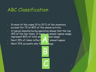 ABC Classification

•   In most of the cases 10 to 20 % of the inventory
    account for 70 to 80% of the annual activity.
•   A typical manufacturing operation shows that the top
    15% of the line items, in terms of annual rupees usage,


                               A
    represent 80% of total annual rupees usage.
•   Next 15% of items reflect 15% of annual rupees
•   Next 70% accounts only for 5% usage



                                B
                                 C                       13
 