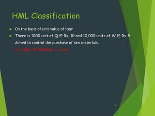 HML Classification
   On the basis of unit value of item
   There is 1000 unit of Q @ Rs. 10 and 10,000 units of W @ Rs. 5.
    Aimed to control the purchase of raw materials.
    H – High, M- Medium, L - Low




                                                         15
 