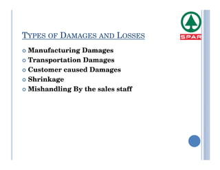 TYPES OF DAMAGES AND LOSSES
 Manufacturing Damages
 Transportation Damages
 Customer caused Damages
 Shrinkage
 Mishandling By the sales staff
 