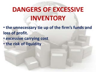 • the unnecessary tie up of the firm’s funds and
loss of profit.
• excessive carrying cost
• the risk of liquidity
DANGERS OF EXCESSIVE
INVENTORY
 
