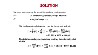 SOLUTION
We begin by computing the annual demand and holding cost as
D =
H =
(18 units/week)(52 weeks/year) = 936 units
0.25($60/unit) = $15
The total annual cycle-inventory cost for the current policy is
C = (H) + (S)
Q
2
D
Q = ($15) + ($45)
= $2,925 + $108 = $3,033
390
2
936
390
($15) + ($45) = $3,510 + $90 = $3,600
468
2
936
468
C =
 