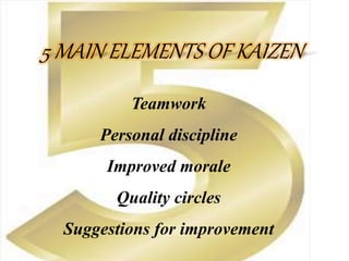 5 MAIN ELEMENTS OF KAIZEN
Teamwork
Personal discipline
Improved morale
Quality circles
Suggestions for improvement
 