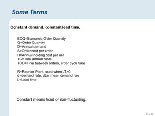 12 – 12
Some Terms
Constant demand, constant lead time.
EOQ=Economic Order Quantity
Q=Order Quantity
D=Annual demand
S=Order cost per order
H=Annual holding cost per unit
TC=Total annual costs
TBO=Time between orders, order cycle time
R=Reorder Point, used when LT>0
d=demand rate, dbar mean demand rate
L=Lead time
Constant means fixed or non-fluctuating.
 